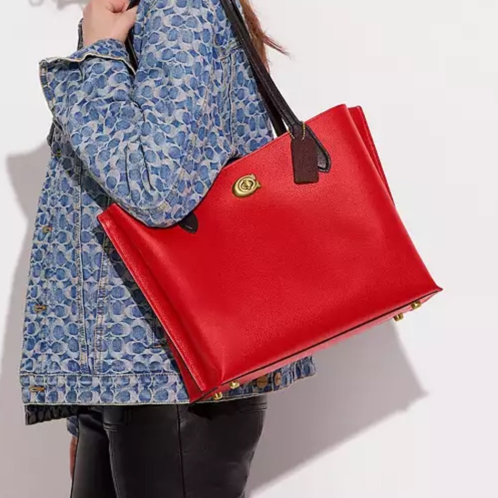 Coach Willow Pebble Leather Tote In Colorblock Brick Red Shoulder Bag